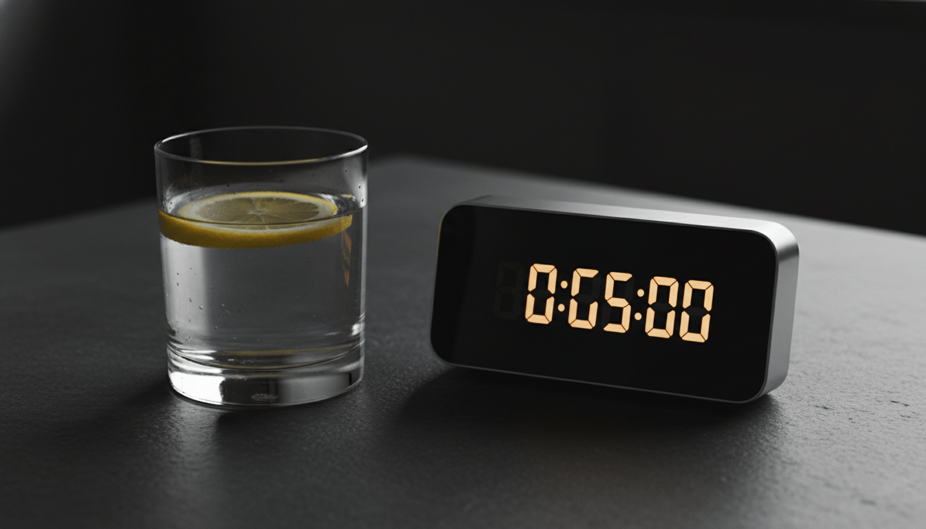 Glass of water next to a clock on a dark background